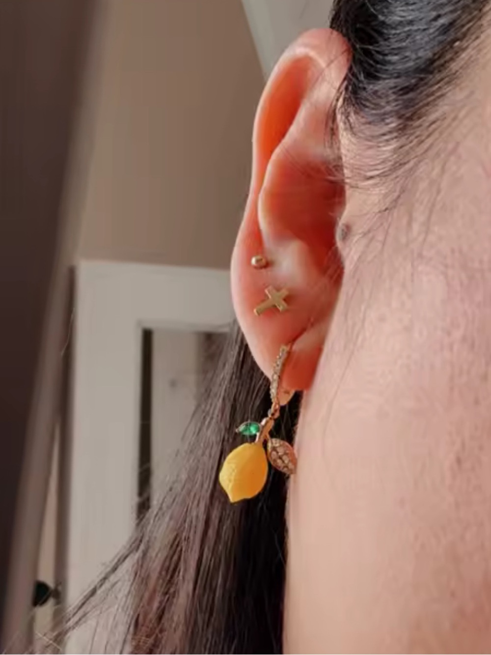 Gold Lemon Drop Earrings with Yellow Enamel and Green Crystal Leaf - Picture 5 of 8